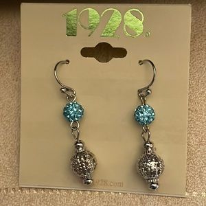 1928 Light Blue Rhinestone Fireball & Silver Filagree Drop Earrings